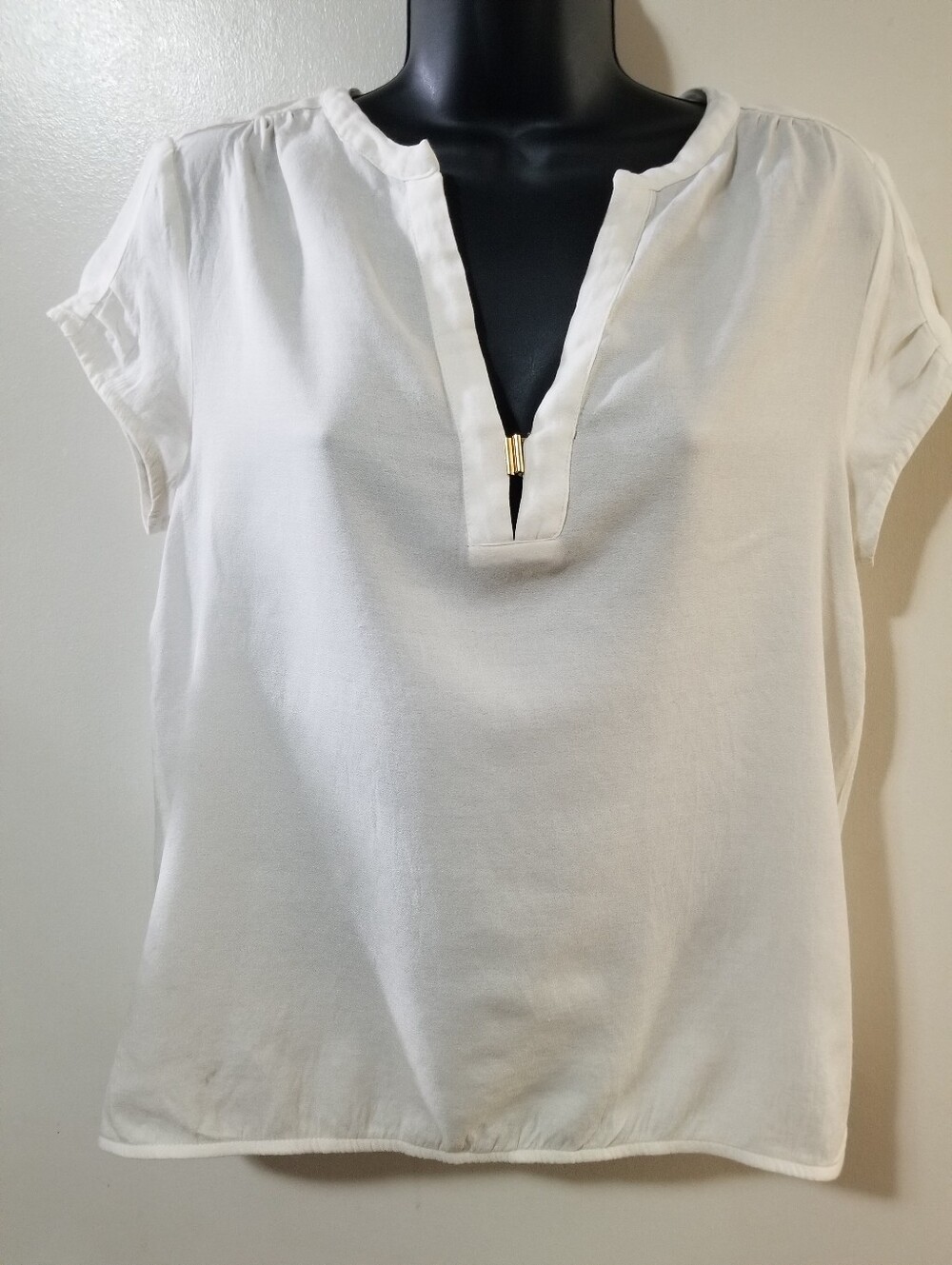 Zara White Gold Bar Split Neck Blouse Size M